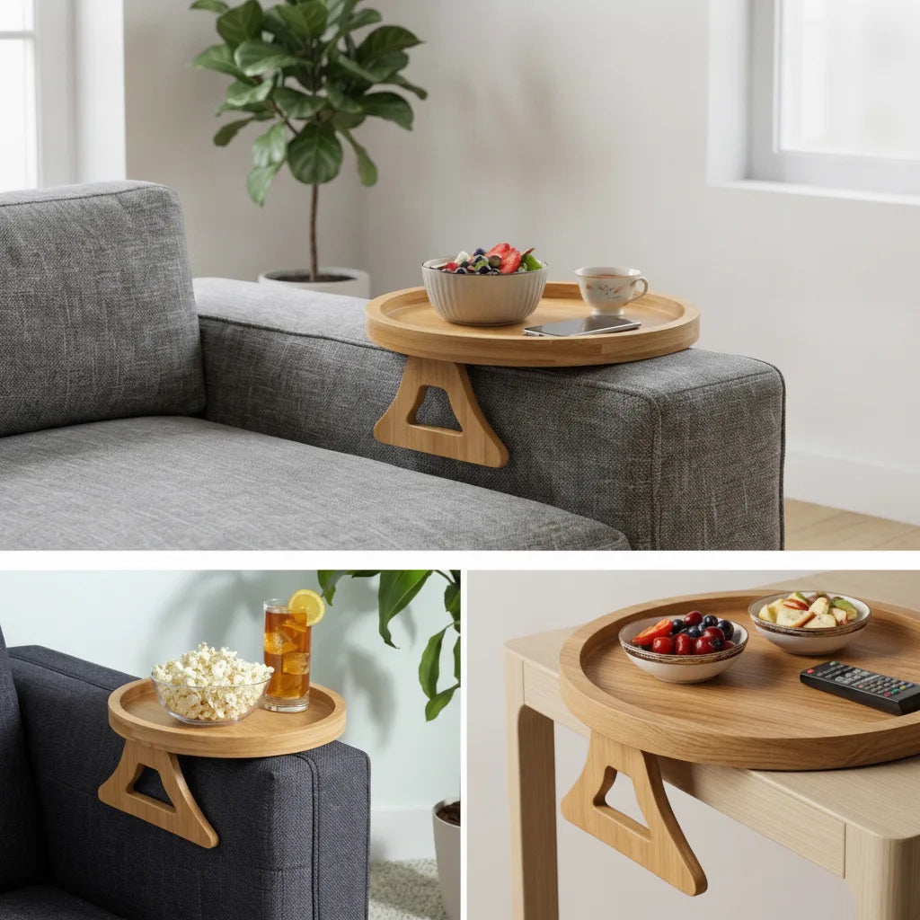 Solid Wood Sofa Armrest Tray | Foldable Round Table