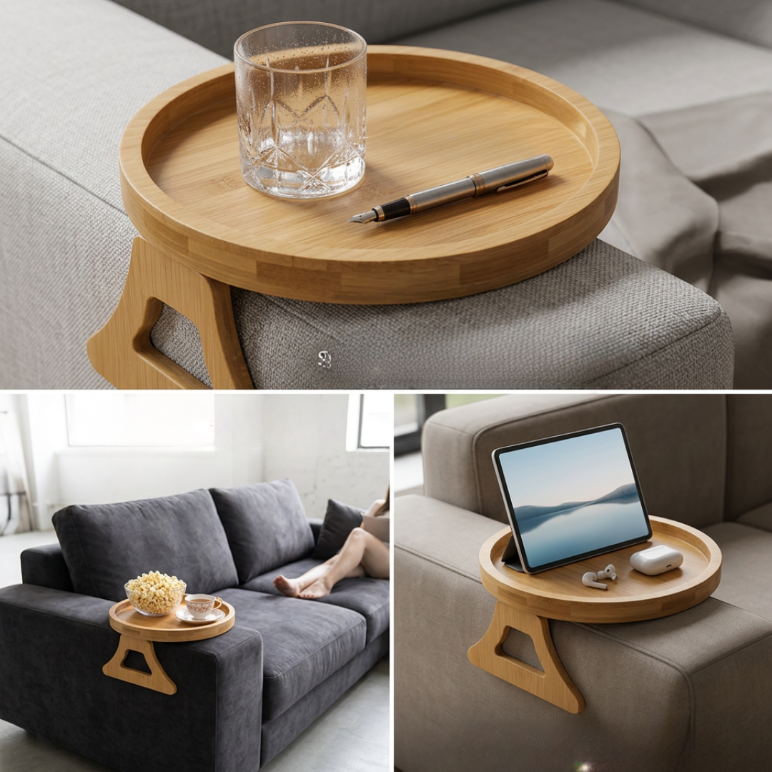 Solid Wood Sofa Armrest Tray | Foldable Round Table