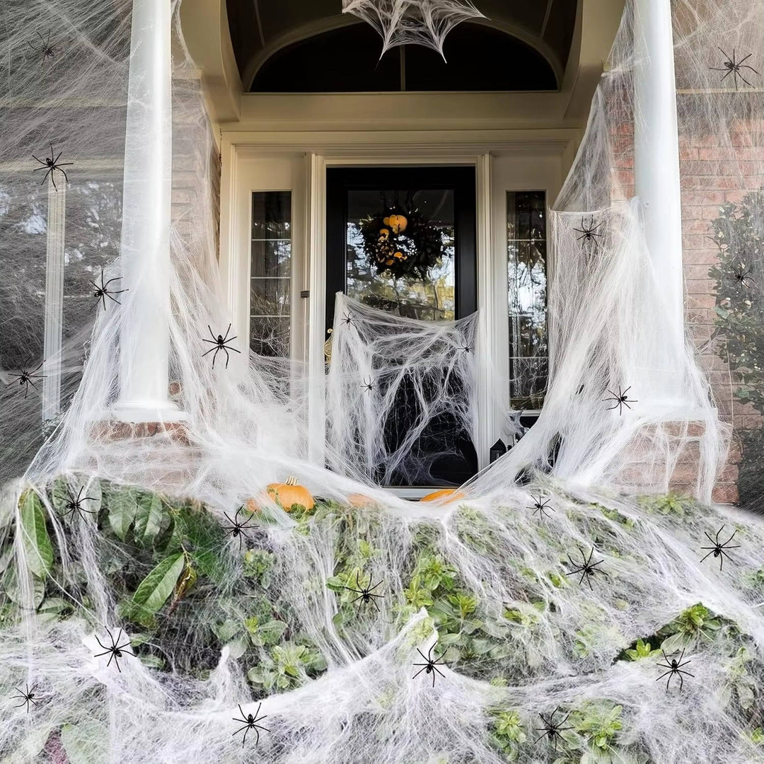 Spider Web Halloween Decoration | 200 Sqft Stretchable Cobwebs with 9 Fake Spiders | Reusable Indoor & Outdoor Use