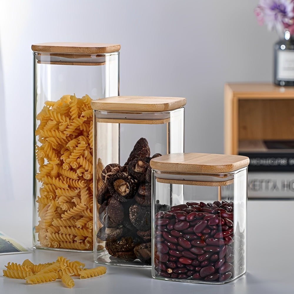 Square Glass Storage Jar Bamboo Lid Stackable Pantry