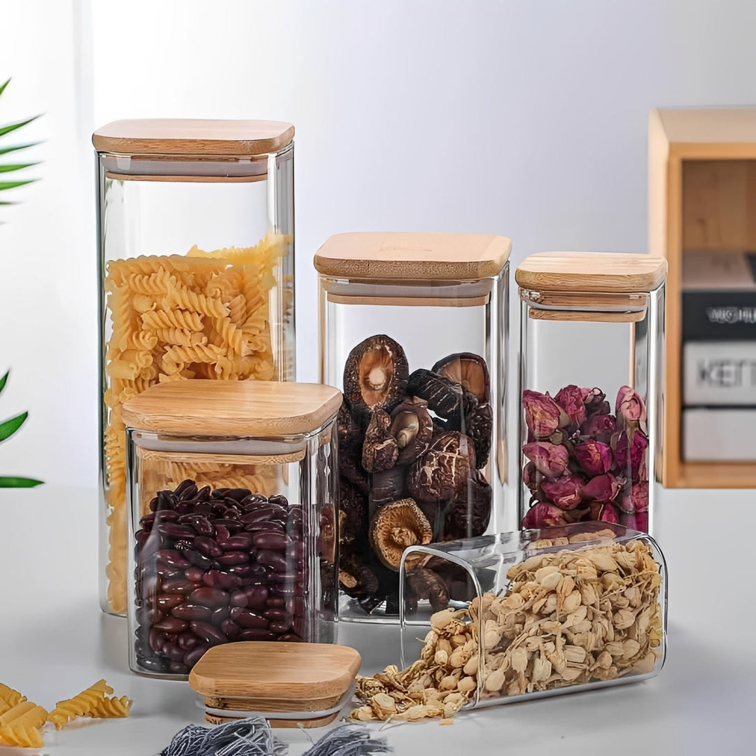 Square Glass Storage Jar Bamboo Lid Stackable Pantry