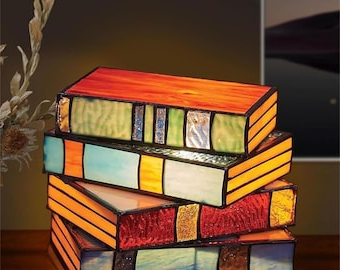 Stained Glass Book Lamp for Men | Stacked Book Design with Tiffany-Style Glass | Warm Ambient Bedroom Lighting Accent