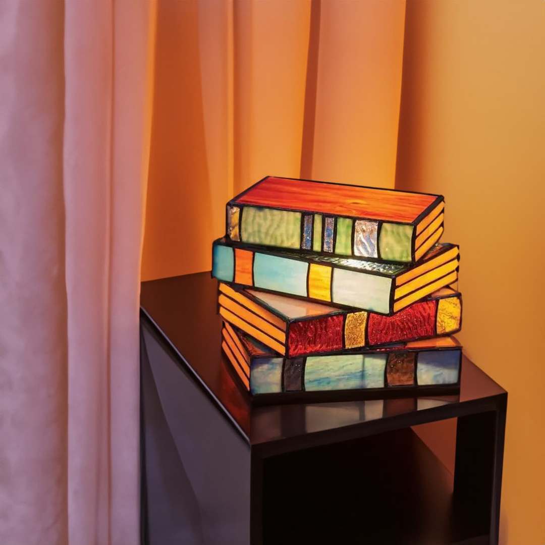 Stained Glass Book Lamp for Men | Stacked Book Design with Tiffany-Style Glass | Warm Ambient Bedroom Lighting Accent