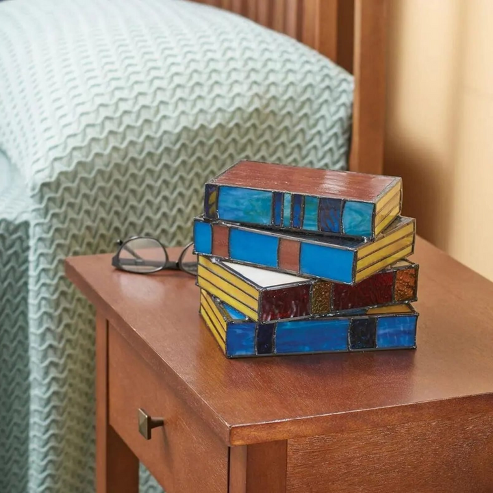Stained Glass Book Lamp for Men | Stacked Book Design with Tiffany-Style Glass | Warm Ambient Bedroom Lighting Accent