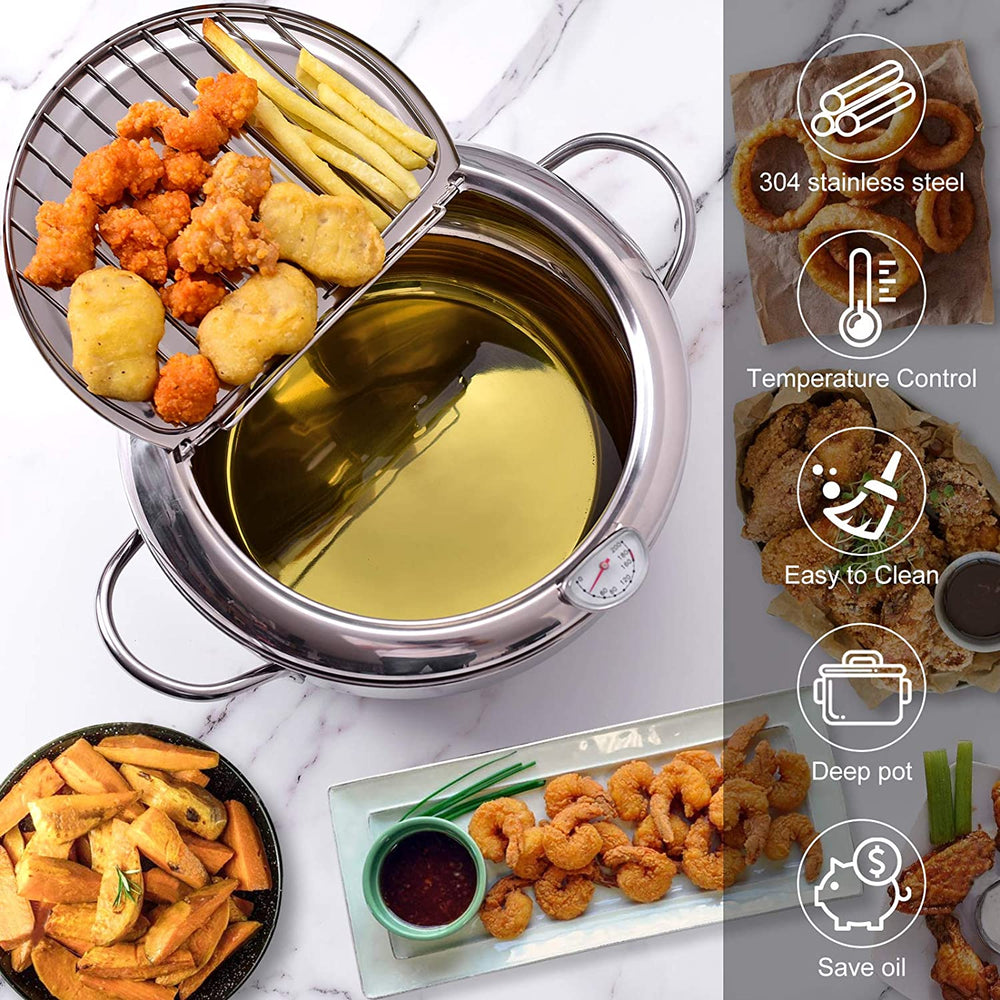 Stainless Steel Deep Frying Pot | Tempura Fryer Pan with Thermometer & Lid