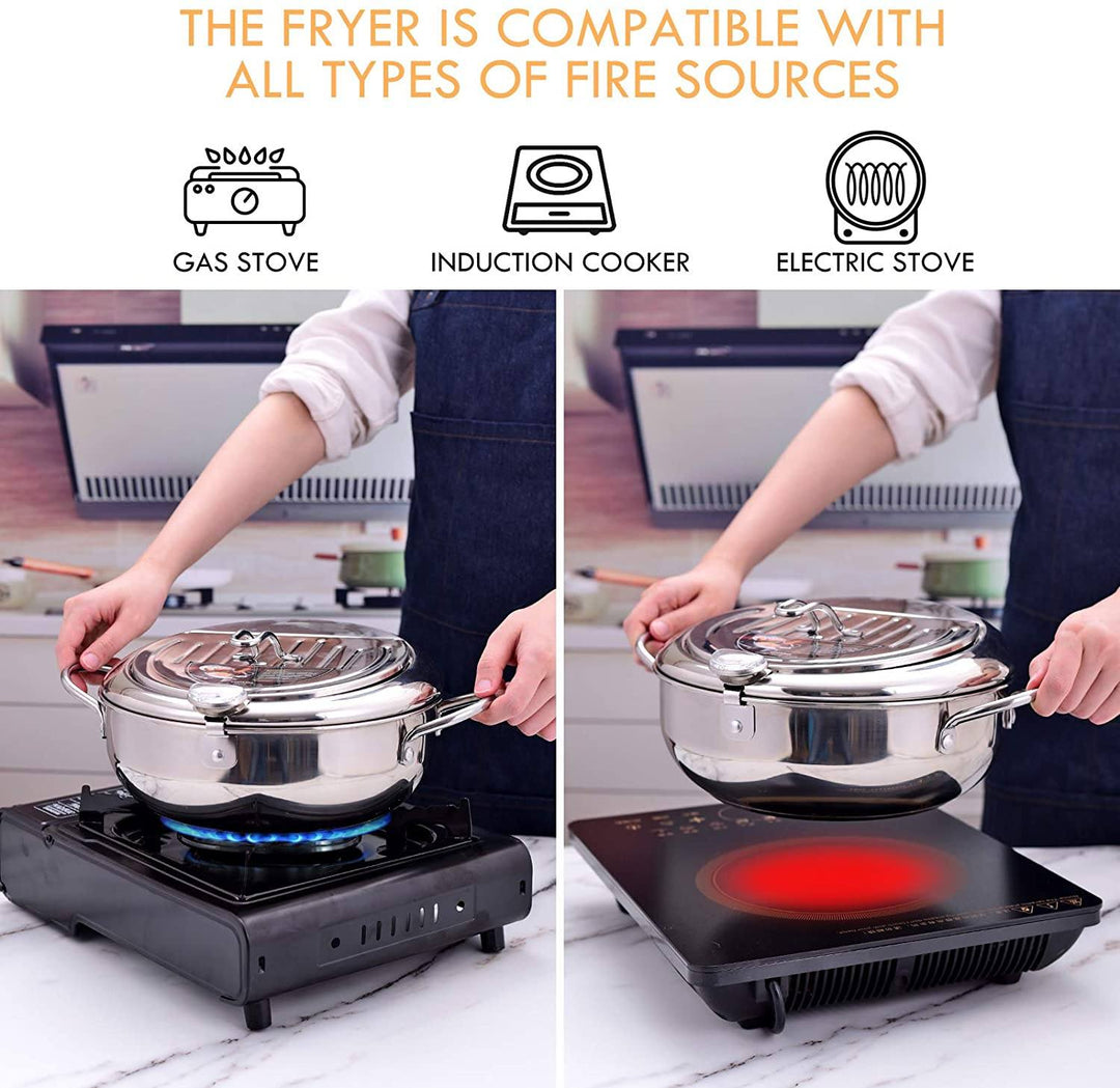 Stainless Steel Deep Frying Pot | Tempura Fryer Pan with Thermometer &amp; Lid