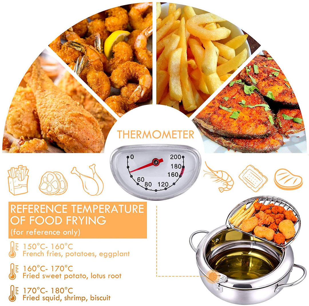 Stainless Steel Deep Frying Pot | Tempura Fryer Pan with Thermometer &amp; Lid