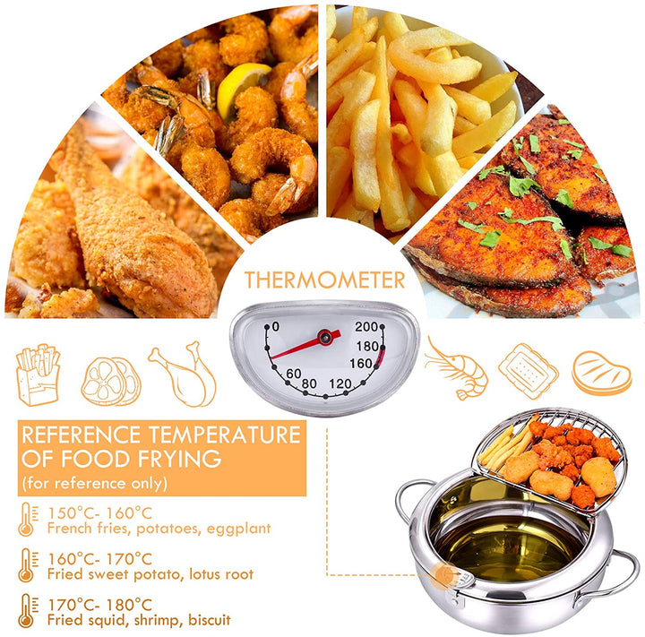 Stainless Steel Deep Frying Pot | Tempura Fryer Pan with Thermometer &amp; Lid