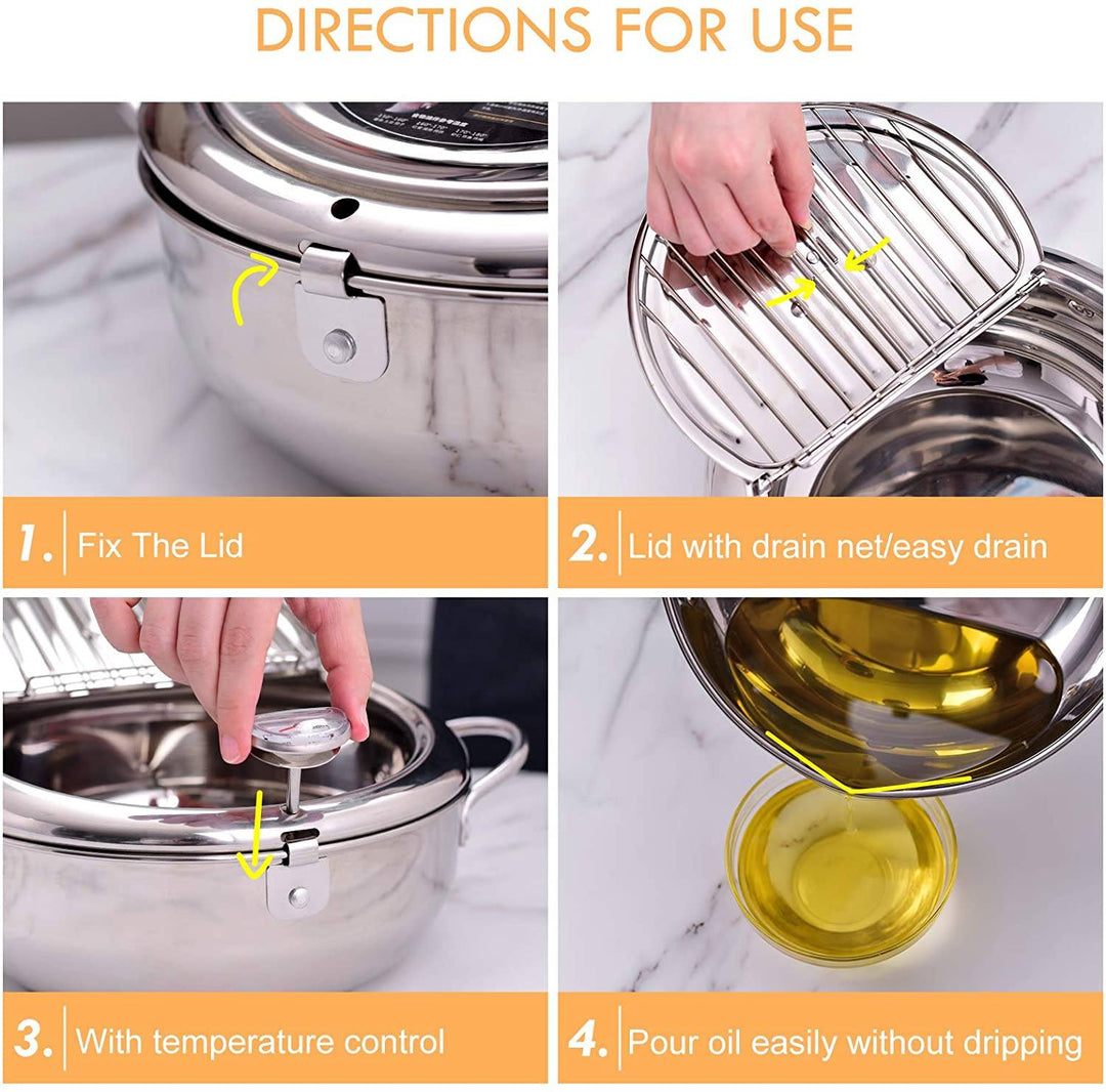 Stainless Steel Deep Frying Pot | Tempura Fryer Pan with Thermometer &amp; Lid