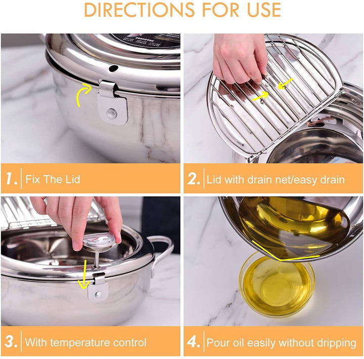Stainless Steel Deep Frying Pot | Tempura Fryer Pan with Thermometer &amp; Lid