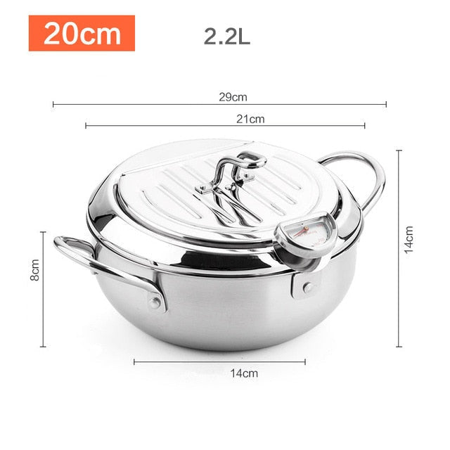 Stainless Steel Deep Frying Pot | Tempura Fryer Pan with Thermometer &amp; Lid