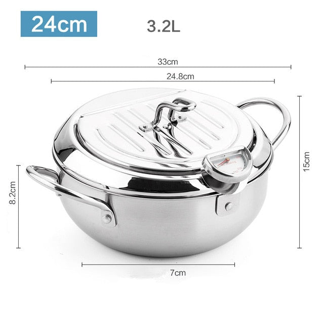 Stainless Steel Deep Frying Pot | Tempura Fryer Pan with Thermometer &amp; Lid