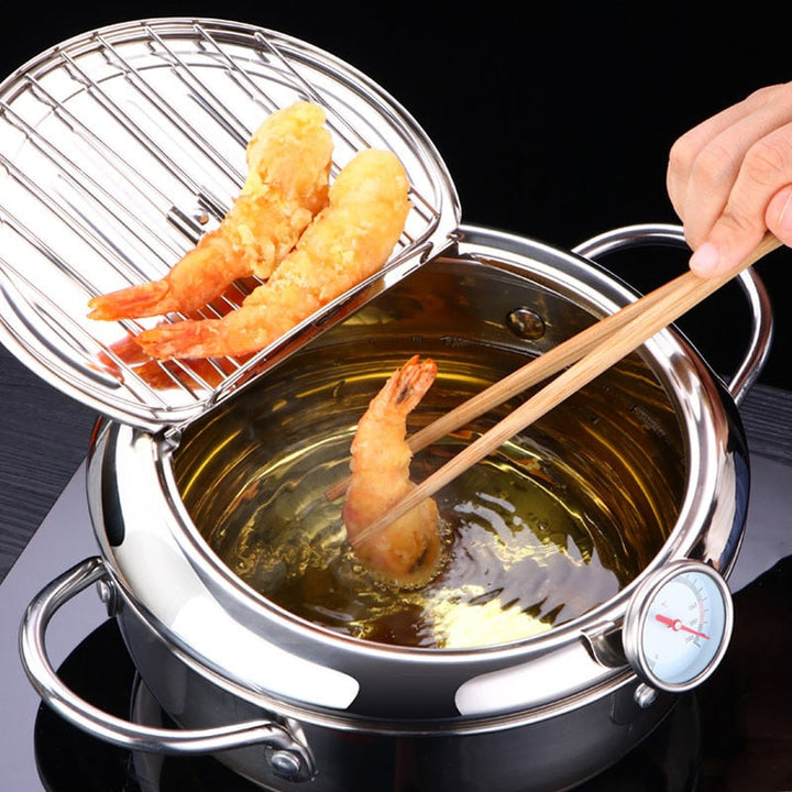 Stainless Steel Deep Frying Pot | Tempura Fryer Pan with Thermometer &amp; Lid