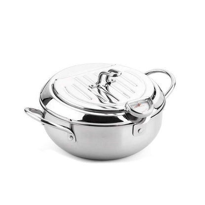 Stainless Steel Deep Frying Pot | Tempura Fryer Pan with Thermometer & Lid