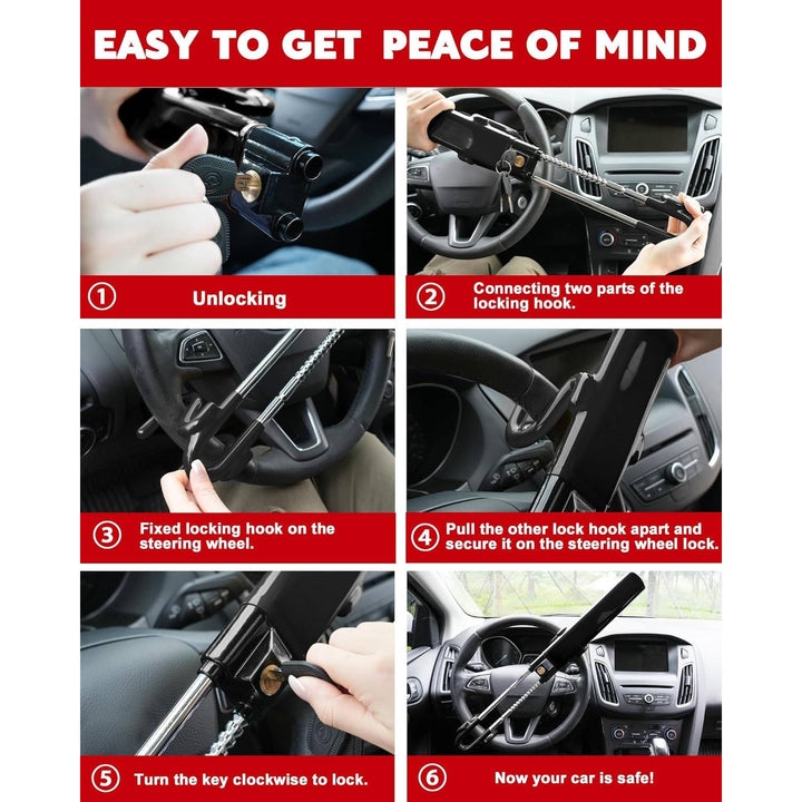 Steering Wheel Lock Solid Steel Bars | Four Hook Anti Theft Design, Copper Cylinder | Adjustable Fit with 3 Keys Included