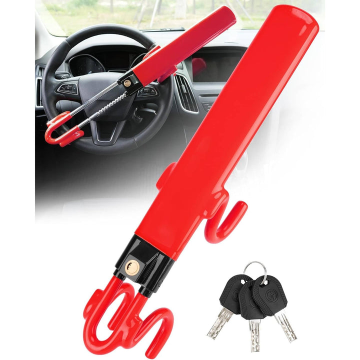 Steering Wheel Lock Solid Steel Bars | Four Hook Anti Theft Design, Copper Cylinder | Adjustable Fit with 3 Keys Included