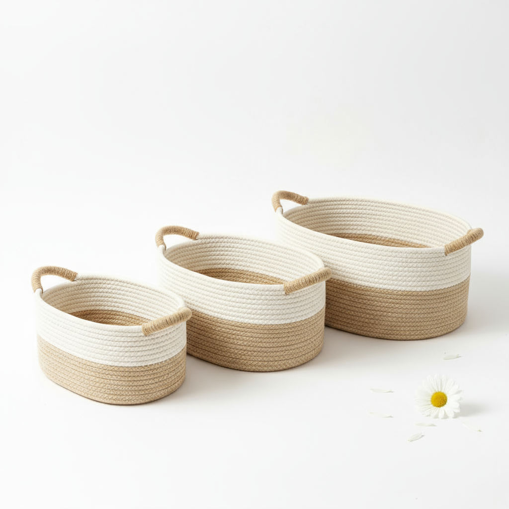 Storage Basket Natural Beige Woven Design with Handles 0
