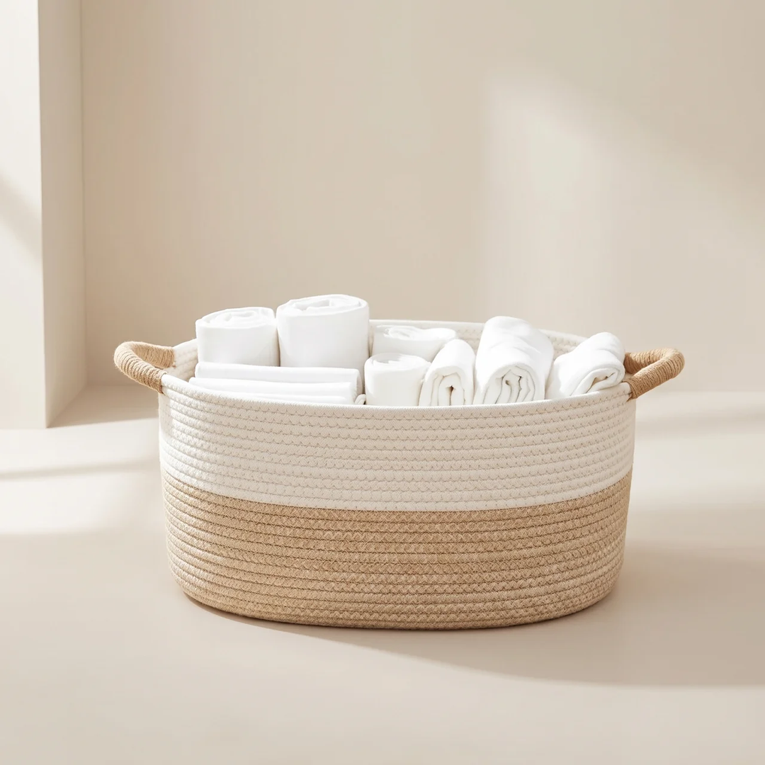 Storage Basket Natural Beige Woven Design with Handles 1