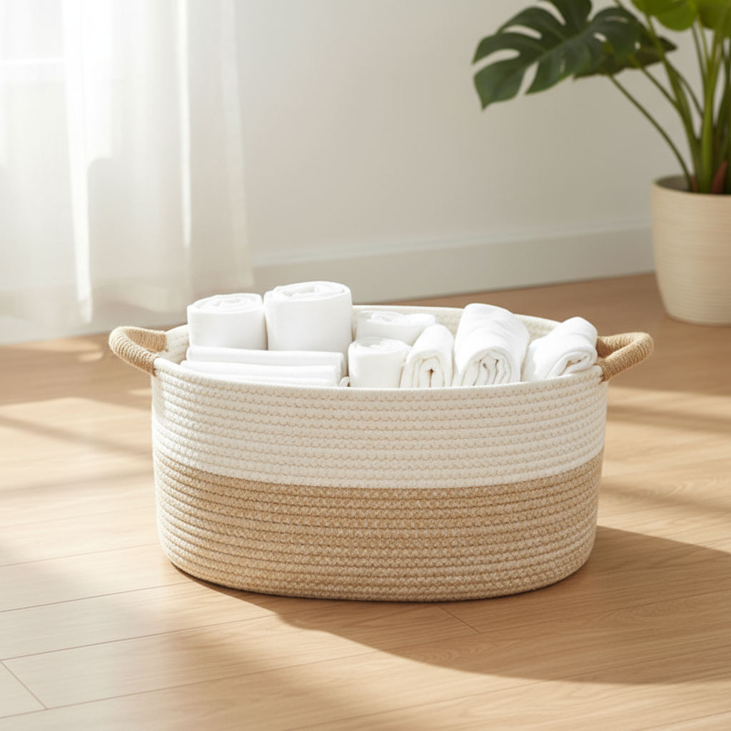 Storage Basket Natural Beige Woven Design with Handles 4