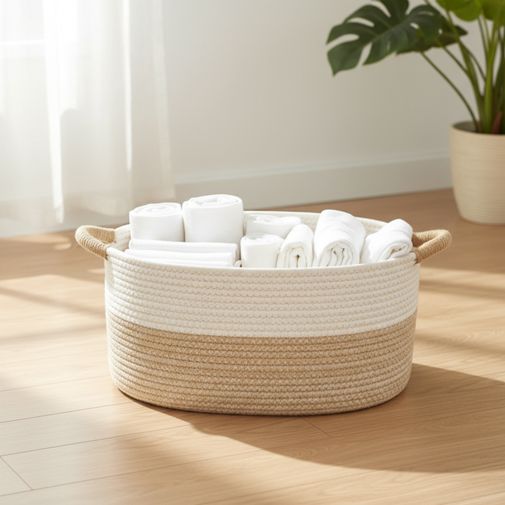 Storage Basket Natural Beige Woven Design with Handles 4