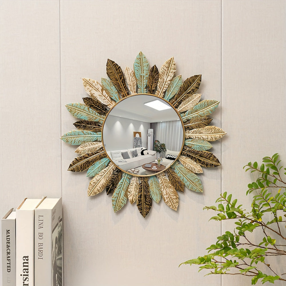 Sunburst Metal Wall Mirror | Handcrafted Leaf Detail Design | Bohemian Accent for Living Room, Bedroom or Hallway