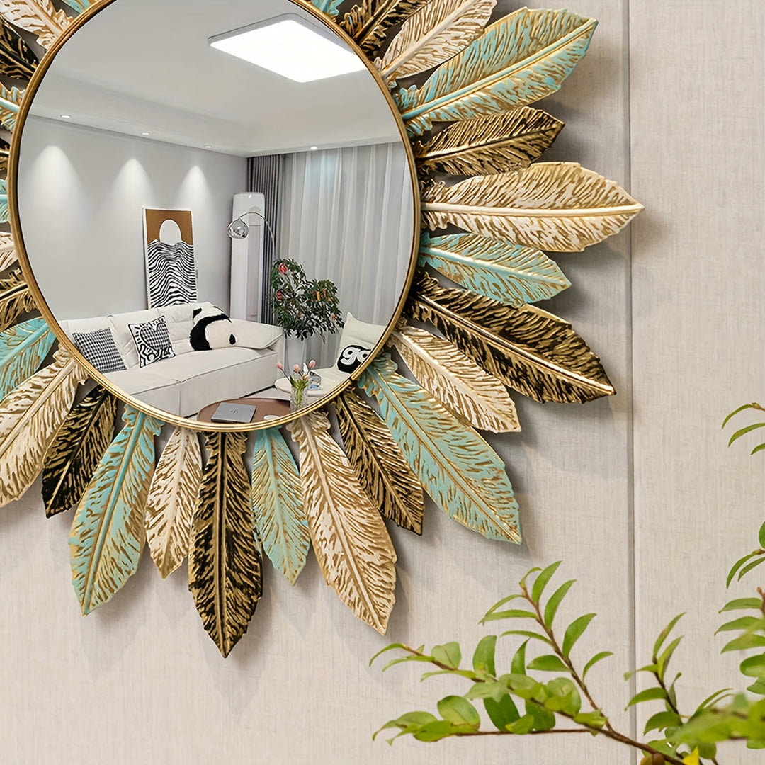 Sunburst Metal Wall Mirror | Handcrafted Leaf Detail Design | Bohemian Accent for Living Room, Bedroom or Hallway