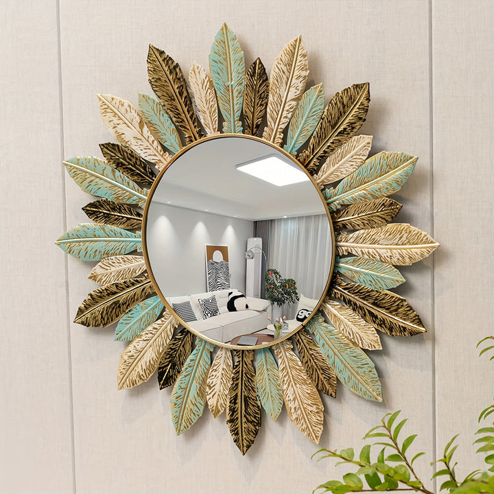 Sunburst Metal Wall Mirror | Handcrafted Leaf Detail Design | Bohemian Accent for Living Room, Bedroom or Hallway