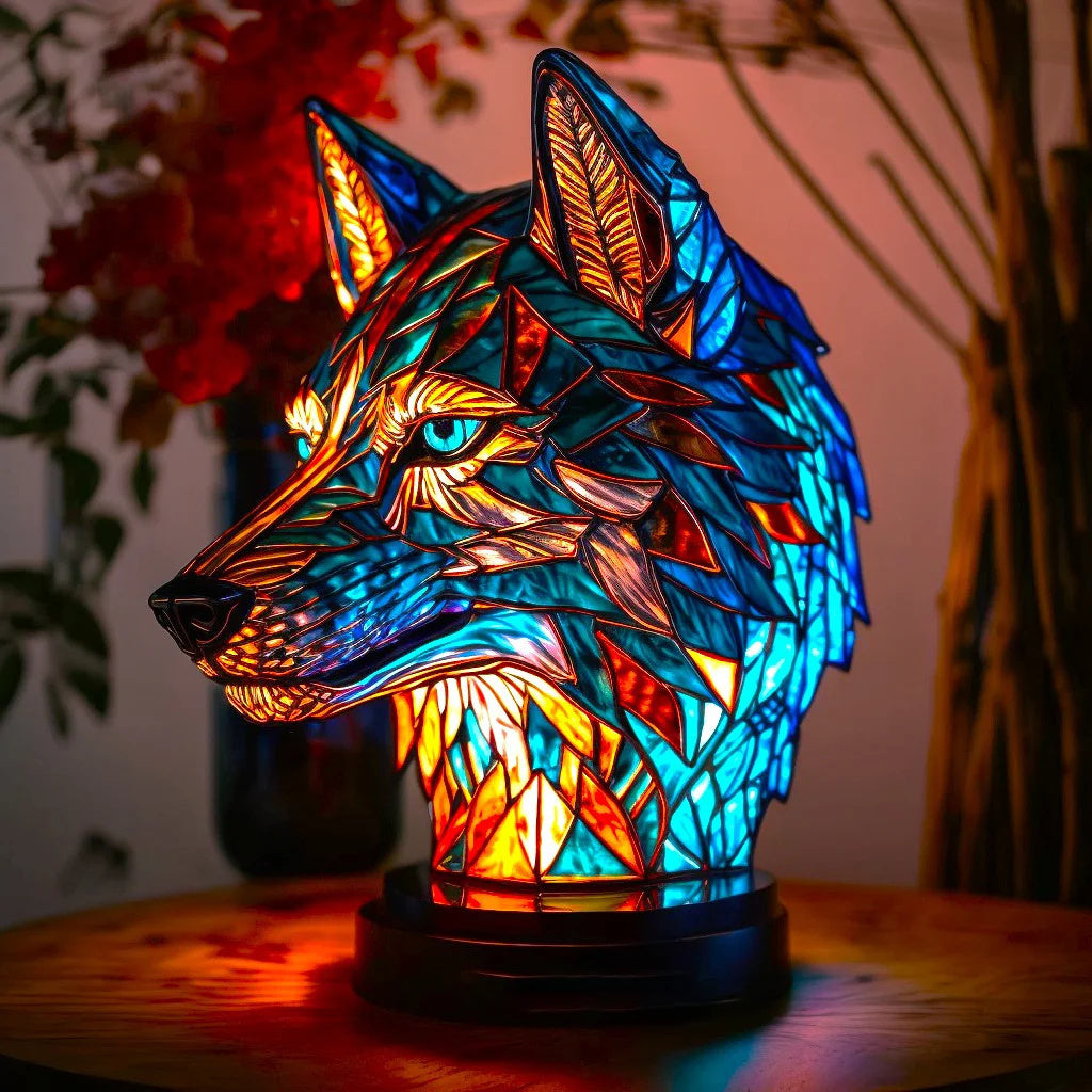Table Animal Lamp | Faceted Wolf Head, Warm Inner Glow