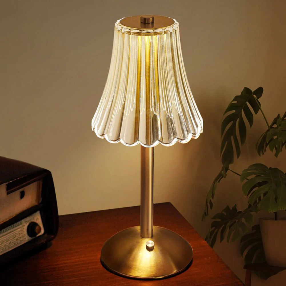 Table Lamp | Fluted Scalloped Shade, Round Disc Base