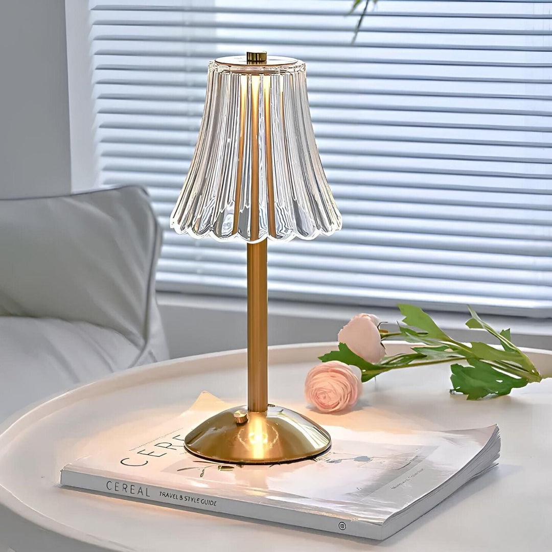 Table Lamp | Fluted Scalloped Shade, Round Disc Base