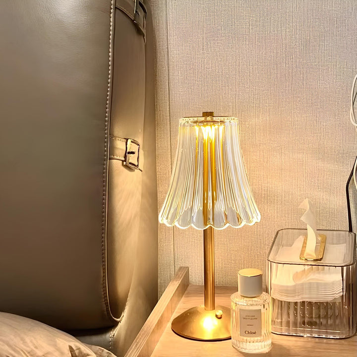 Table Lamp | Fluted Scalloped Shade, Round Disc Base