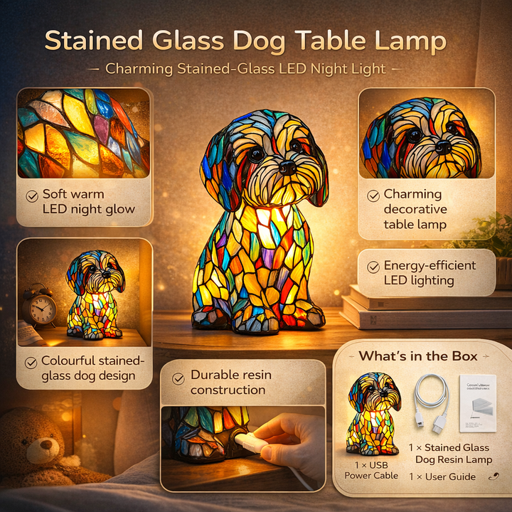 Stained Glass Dog Table Lamp Resin | LED Night Light with Warm Glow | USB Powered Decorative Lighting for Bedroom Shelf Desk 2