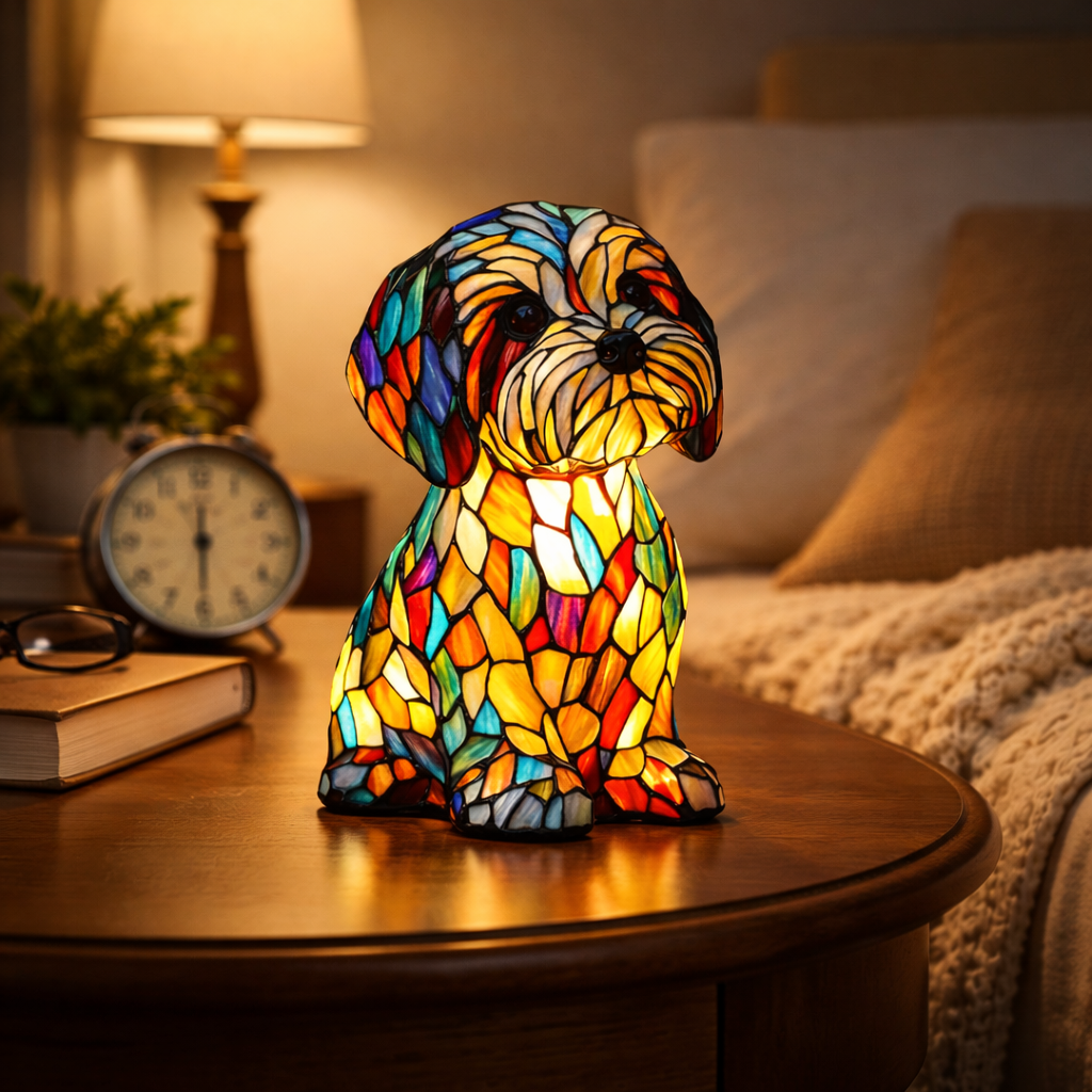 Stained Glass Dog Table Lamp Resin | LED Night Light with Warm Glow | USB Powered Decorative Lighting for Bedroom Shelf Desk 3