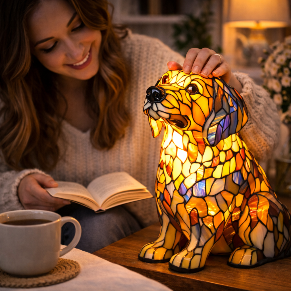 Stained Glass Dog Table Lamp Resin Base | Mosaic LED Night Light with Button Switch | USB-Powered Decor for Bedroom, Desk or Shelf 13