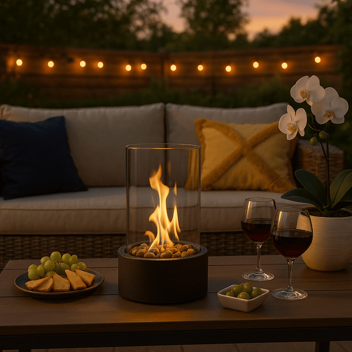 Tabletop Bioethanol Fire Pit | Real Flame | Smokeless | Metal &amp; Glass | 22x12cm | Indoor &amp; Outdoor