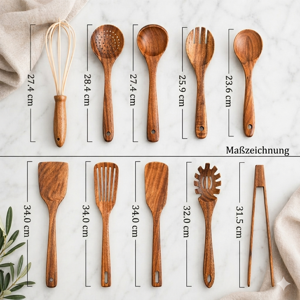 Teak Wood Kitchen Utensil Set 10-Piece | Scratch-Free on Non-Stick Pans | Includes Spoons, Spatula, Ladle and More