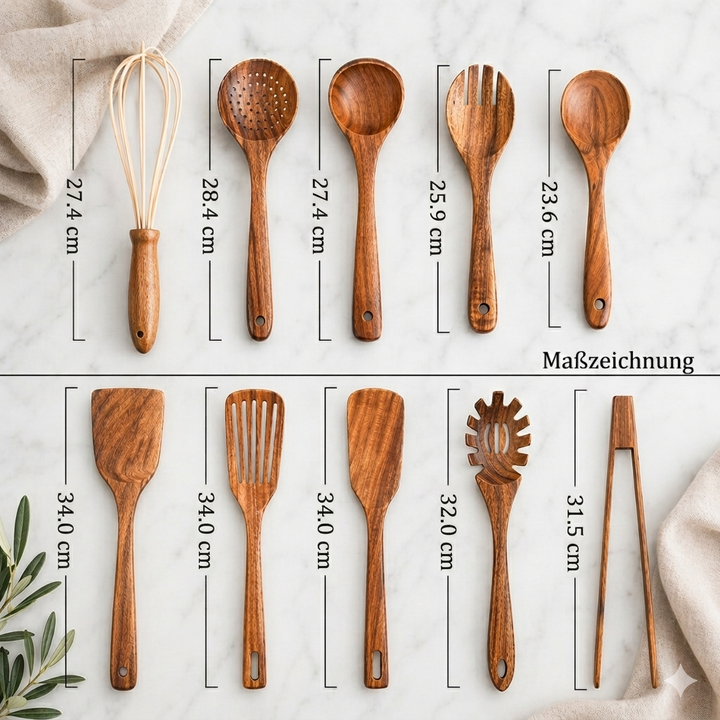 Teak Wood Kitchen Utensil Set 10-Piece | Scratch-Free on Non-Stick Pans | Includes Spoons, Spatula, Ladle and More