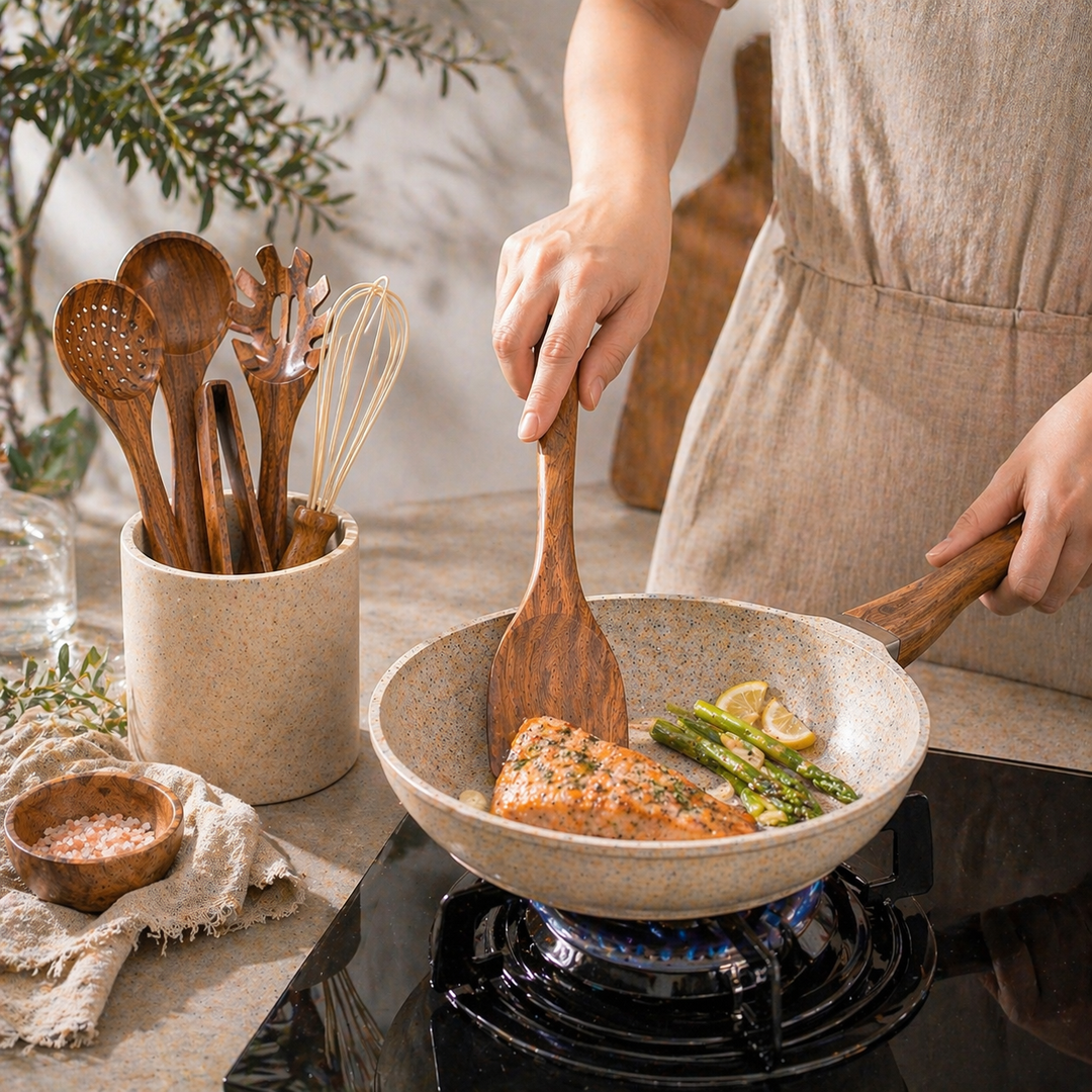 Teak Wood Kitchen Utensil Set 10-Piece | Scratch-Free on Non-Stick Pans | Includes Spoons, Spatula, Ladle and More