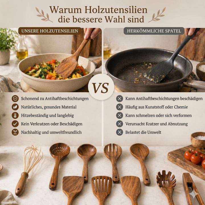 Teak Wood Kitchen Utensil Set 10-Piece | Scratch-Free on Non-Stick Pans | Includes Spoons, Spatula, Ladle and More