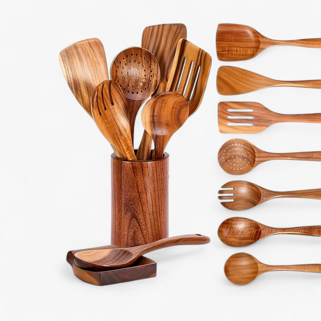 Teak Kitchen Utensil Set – 9 Pieces with Holder &amp; Spoon Rest 0