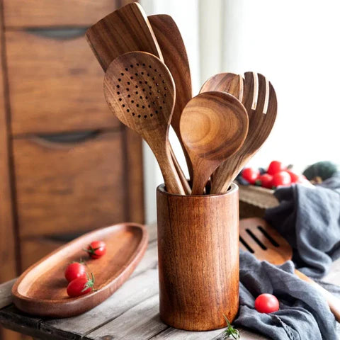 Teak Kitchen Utensil Set – 9 Pieces with Holder &amp; Spoon Rest 4