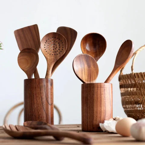 Teak Kitchen Utensil Set – 9 Pieces with Holder &amp; Spoon Rest 5