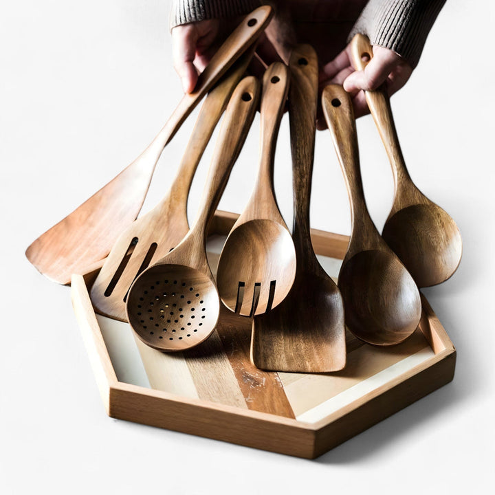 Teak Kitchen Utensil Set – 9 Pieces with Holder &amp; Spoon Rest 6