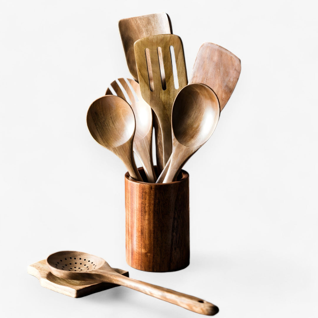 Teak Kitchen Utensil Set – 9 Pieces with Holder &amp; Spoon Rest 7
