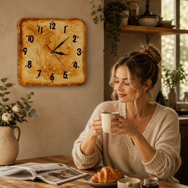 Toast Bread Wall Clock | Square Slice Face, Crust Edge
