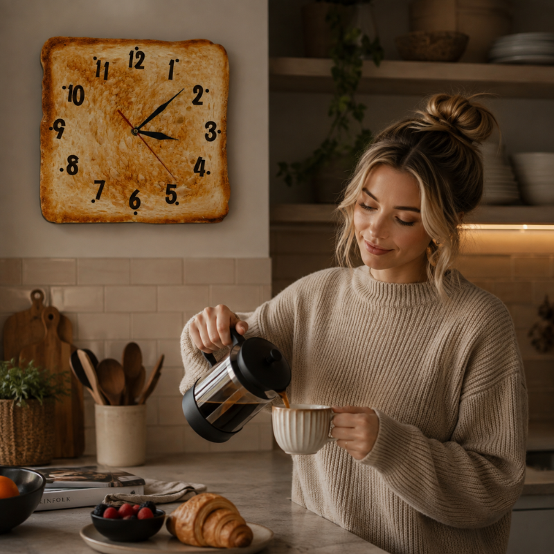 Toast Bread Wall Clock | Square Slice Face, Crust Edge