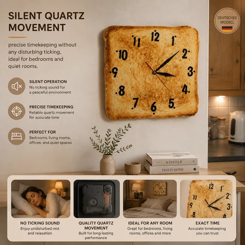 Toast Bread Wall Clock | Square Slice Face, Crust Edge