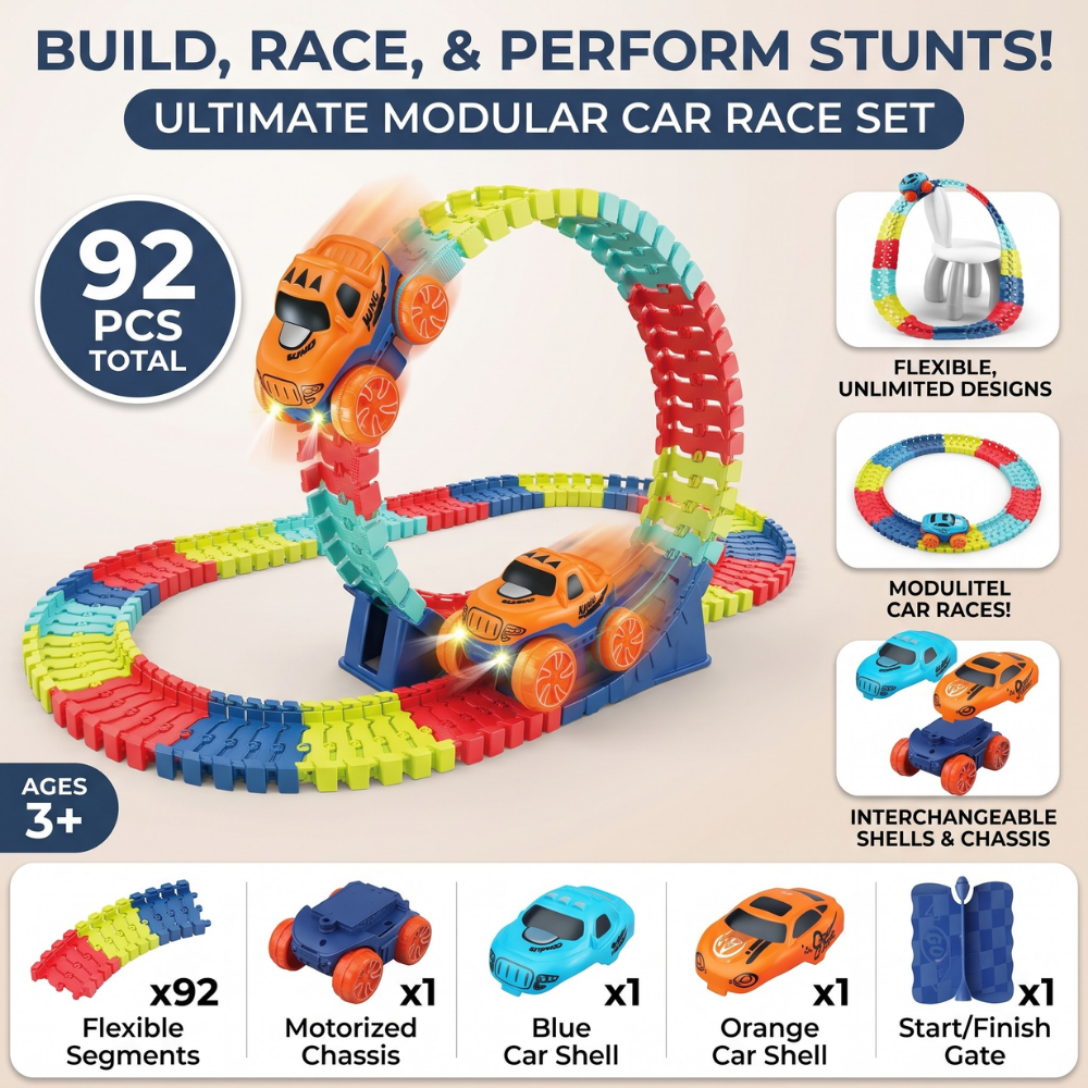 Toy Race Track Set | Snap-Together Pieces, Two Trucks