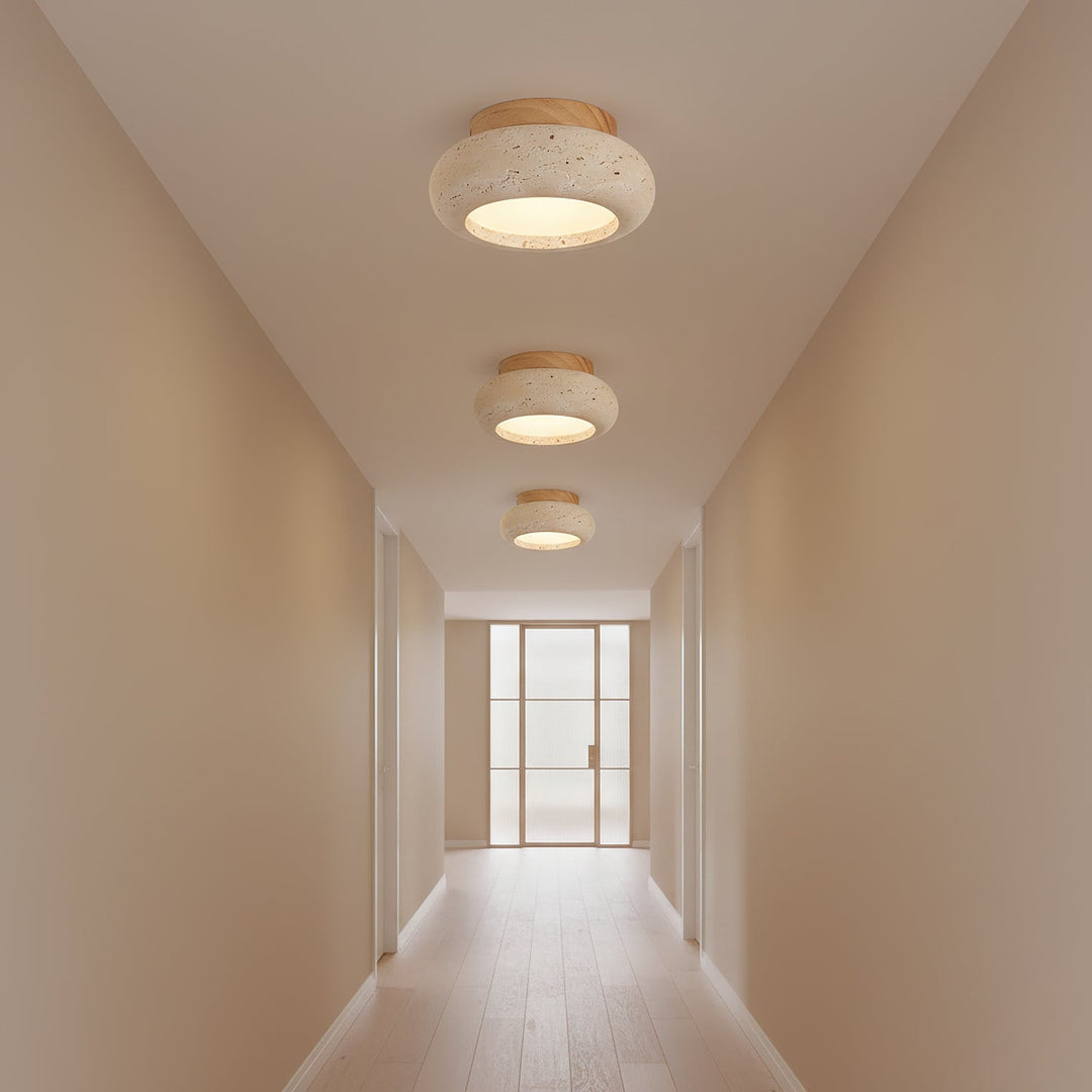 Travertine &amp; Wood LED Flush Mount Ceiling Light