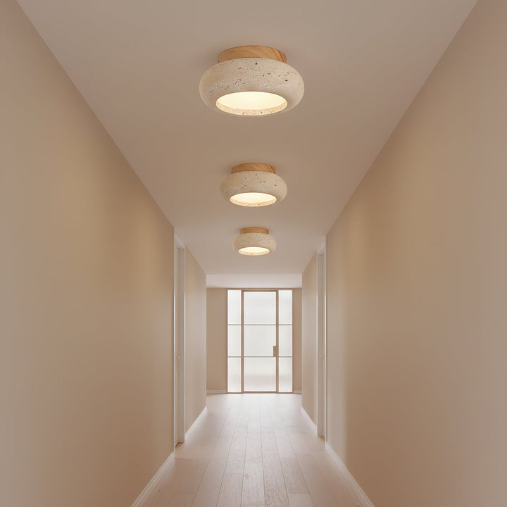 Travertine &amp; Wood LED Flush Mount Ceiling Light